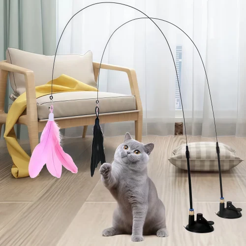 Cat Teaser Toy Pole With Feather Bell Extended Rod Suction Cup